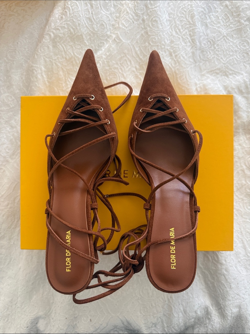 Brown Suede Lace-Up Pointed Toe Heels
